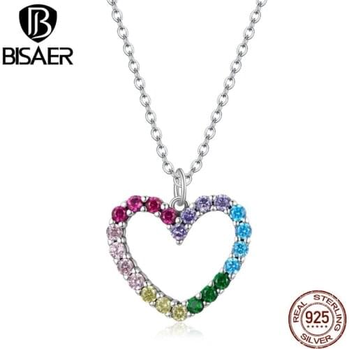 Bisaer 100% 925 Sterling Silver Colorful Zircon Heart Necklace For Women Fasion Choker Chain Luxury Bijoux ECN449