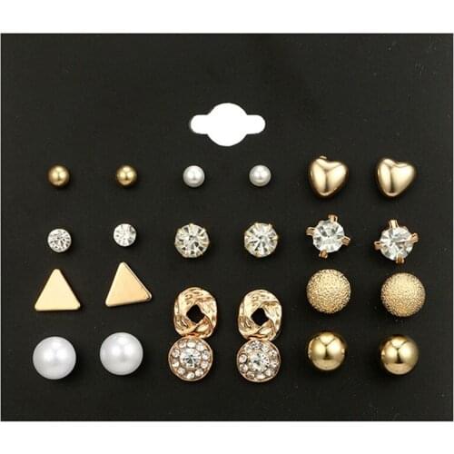 12 Pairs/Set Super Value Exquisite Design Simple Fashion Ol Temperament Pearl Heart Triangle Charm Stud Earring Set Women
