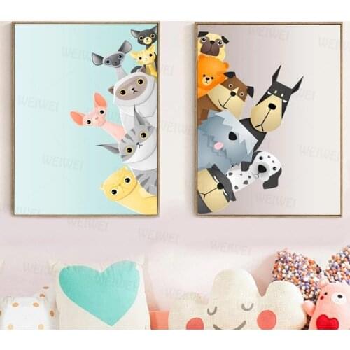 Home Decoration Nordic Style Canvas Hd Painting Cartoon Cats Dogs Pictures Wall Art Prints Simple Modular Poster for Living Room