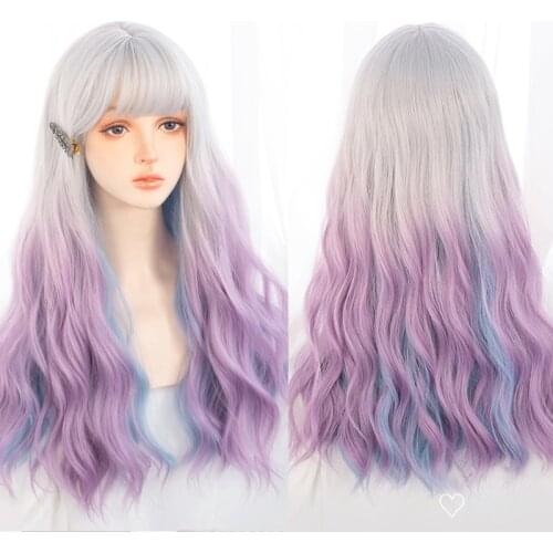 LANLAN Long Wavy Wig With Bangs Pink blue gradient color Synthetic Lolita Wig For Women High Temperature Wire Cosplay Wig