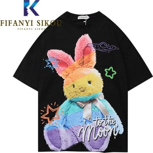 Funny Rabbit Print T-Shirt Women Summer 2021 New O-Neck Short Sleeve Fashion Couples T Shirt Black Pure cotton Tees Loose Tops