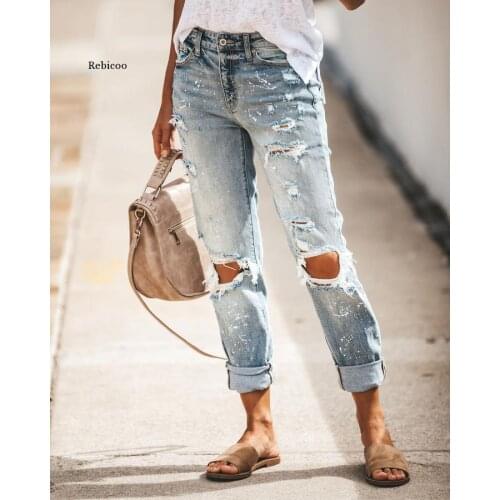 Summer Ripped Jeans Women Fashion Washed Old Jeans Loose Hip-hop Style Jeans Street Jeans with torn waist and straight leg pants