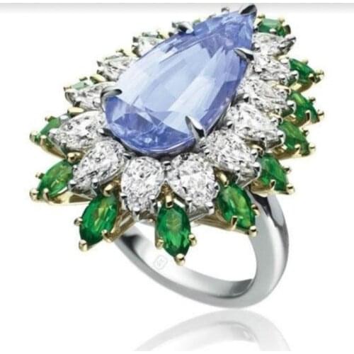 Hot Selling Water Drop Female Rings Inlaid Light Ocean Blue Space White Zirconium Green Crystal Banquet Ring for Women Jewelry