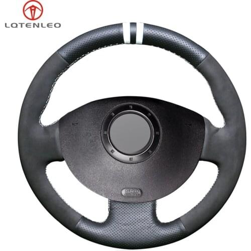 LQTENLEO Black Genuine Leather Suede Car Steering Wheel Cover for Renault Megane 2 2003-2008 Kangoo 2008-2012 Scenic 2 2003-2009