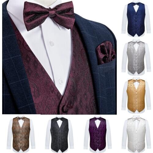 Mens Vest Red Wine Paisley Silk Wedding Vest For Men Bowtie Hanky Cufflink Cravat Set for Men Suit Tuxedo DiBanGu New Designer