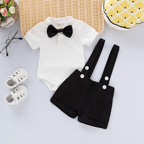 0-24M Newborn Clothes Summer Outfits Toddler Baby Boys Short Sleeve Lapel Romper Top + Suspender Shorts + Bow Tie