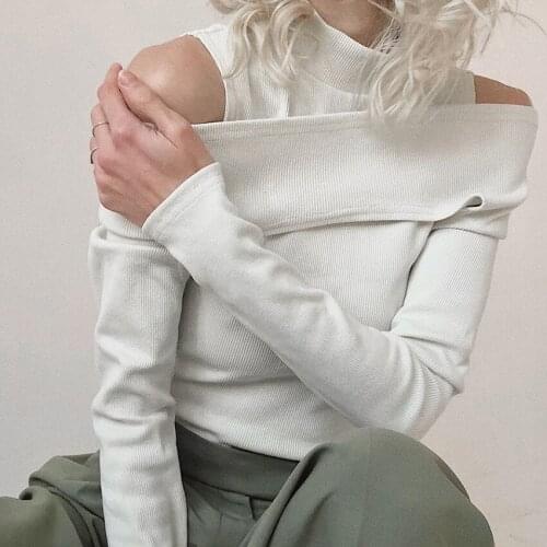 Fall 2021 European and American Womens Clothing Long Sleeve Slim Fit Slimming and Shoulder Hollow Sexy Hong Kong Style T-shirt