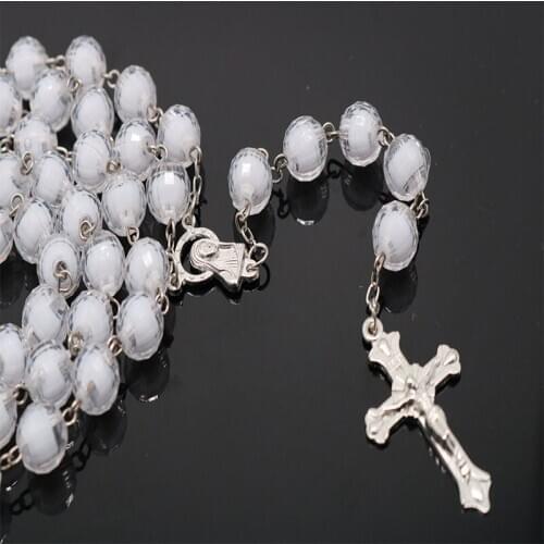 Rosary Necklace, 8mm Round White Glass Beads, Maria Star Bead Necklace, Jewelry Gifts