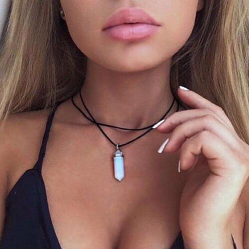 Boho Gypsy Hexagonal Column Quartz Black Leather Necklaces Pendants Vintage Natural Stone Bullet Crystal Necklace