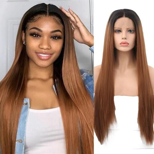 QUINLUX WIGS Synthetic Lace Front Hair Ombre Brown Silky Straight Wigs With Middle Parting Glueless Heat Fiber For Black Women