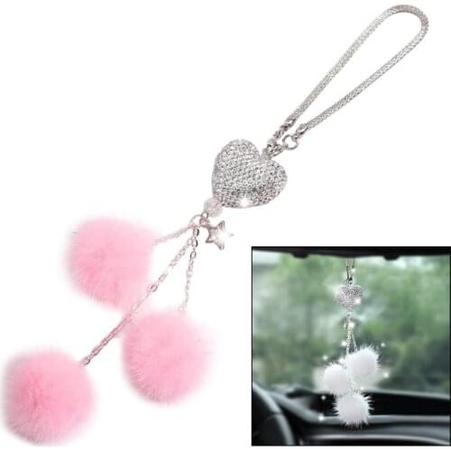 Car Rear View Mirror Pendant Crystal Hanging Ornament with Rhinestones Plush Balls for Women Girls Lucky Decors
