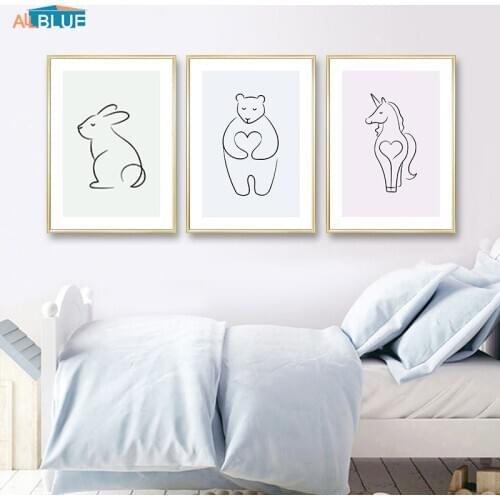 Cute Bear Rabbit Fox Line Wall Art Animal Canvas Posters And Prints Nursery Nordic Kids Painting Wall Pictures For Baby Room