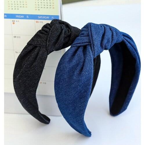 Women Wide Top Bowknot Hairband Cotton Denim Fabric Headband for Lady Girls Wash Face Makeup Head Hoop Headwear Accessories