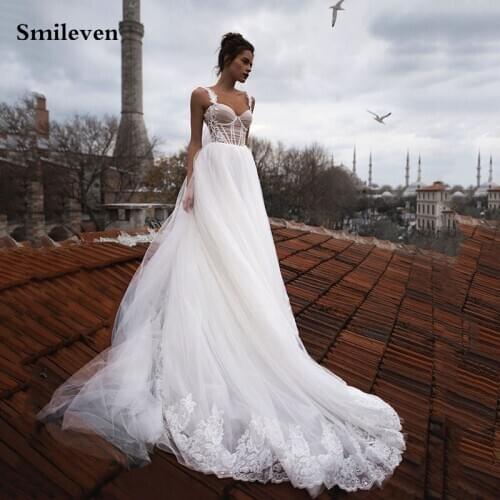 Smileven Elegant Princess Wedding Dress A Line Sexy Spaghetti Strap Robe De Mariee Lace Bridal Dresses Wedding Dress Custom Made