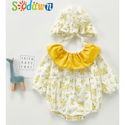 Sodawn 2021 Newborn Baby Romper Baby Girl Long Sleeves Lotus Leaf Collar Floarl Printed With Hat Outfits Clothes For 0-24M