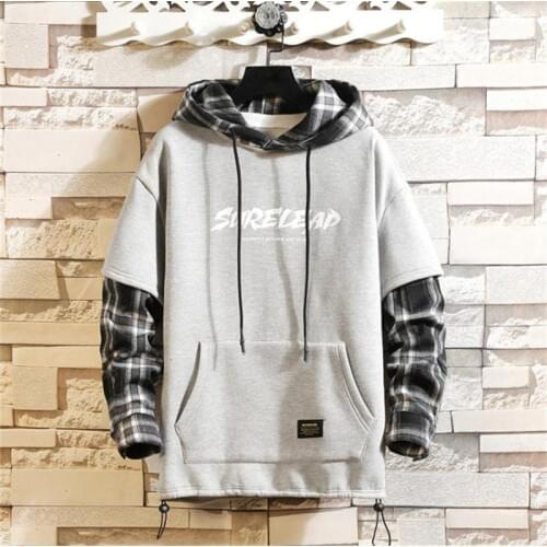 Autumn Spring Black Patchwork Hoodies Mens Sweatshirts Streetwear Casual Pullover Loose Long sleeve