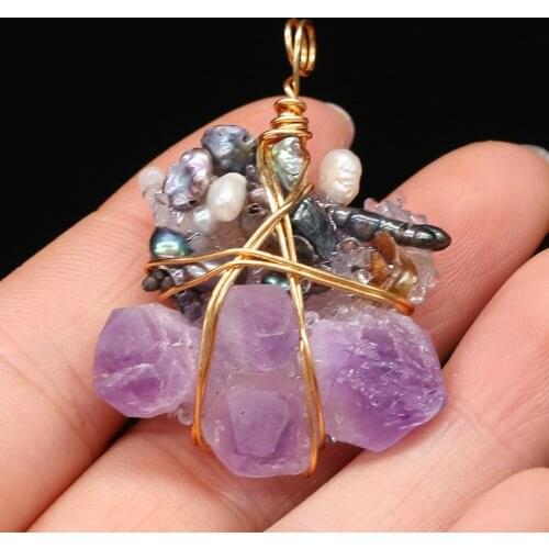 Fine Natural Stones Pendants Reiki Heal Amethysts Gold Color Wire Wrap Crystal for Jewelry Making DIY Women Necklace Earrings