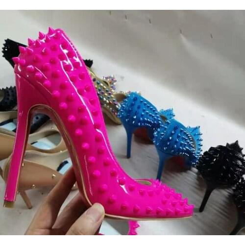 Hot sale Full Rivets Studded Pumps Rose Colors Metal Spikes High Heels Female Shoes Evening Patent Leather Pointed Toe Pumps