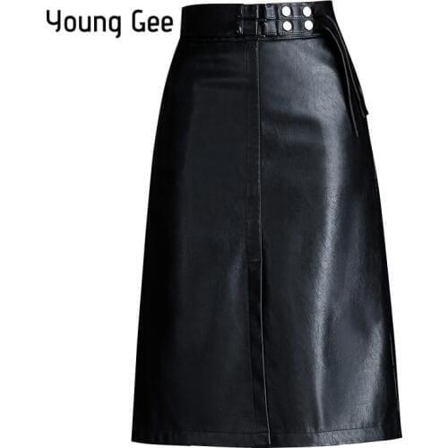Young Gee Spring Autumn Women Skirt Fashion PU Leather Midi High Waist A-line Elegant Office Work Wear Skirts Saias Plus Size