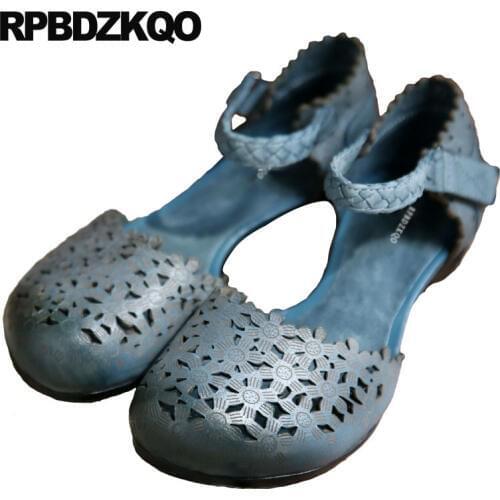 Women Shoes 2018 Spring Closed Toe Pumps Rope Thick Flower Chunky Low Heel Ankle Strap Holiday Blue Genuine Leather Soft Sandals