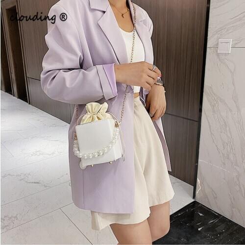 Womens Pearl Bucket Bag Spring and Summer Solid Color Drawstring Chain Fashion One Shoulder Messenger Bag