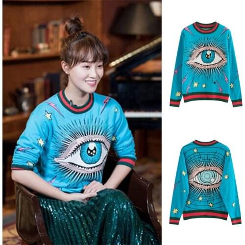 Autumn Winter New Long Sleeve Womens Knitted Top With Eyes Pattern Embroidery Round Neck Loose Blue