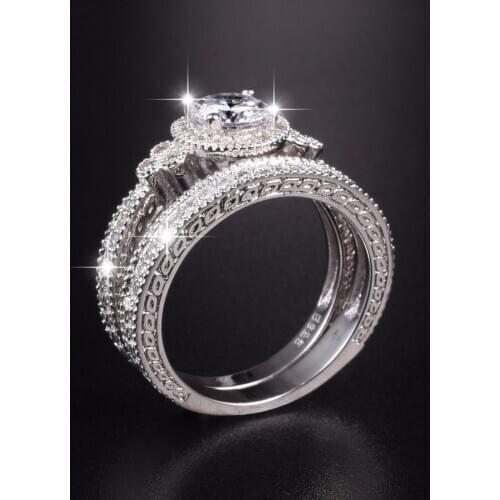 Vintage 925 Sterling Silver 1.5ct Simulated Diamond Ring set 2-in-1 Female jewelry Luxury Wedding Rings For Women size 5-10