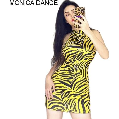 Nightclub Sexy Stage Sleeveless Halter Backless TurtleNeck Tiger Stripe Summer Women Sexy Mini Dress Fashion Streetwear Outfits