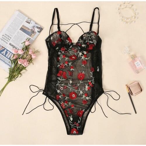 Women Teddy lingerie Erotic Corset Lace Mesh Sleepwear pajamas Embroidered One-piece Underwear with Spaghetti strap sexy Bra Set