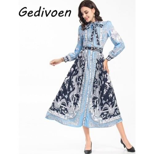 Gedivoen Autumn Fashion Woman Ankle-Length Dress Bow Lapel Single Breasted Long Sleeve Elegant Printing A-Line Dresses Vestdios