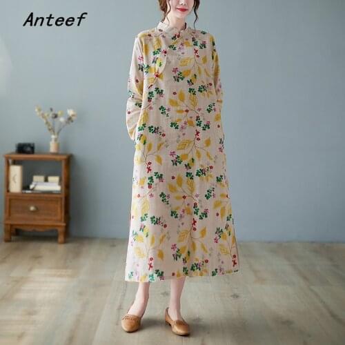 Anteef long sleeve plus size cotton linen vintage floral dresses for women casual loose pring autumn dress elegant clothing 2021
