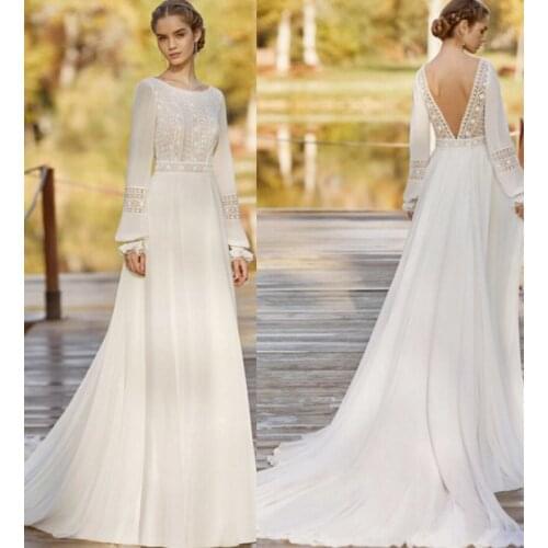 Scoop Wedding Dresses Long Sleeve Lace Chiffon Sweep Train A-Line Backless Bridal Dress Arabic Wedding Gowns vestido novia