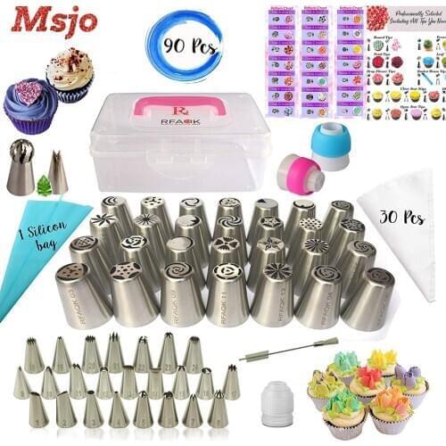 90pcs Cake Decorating Set Stainless Russian Piping Tips Cream Confectionery Nozzles Converter Pastry Bag Baking Tools For Cakes
