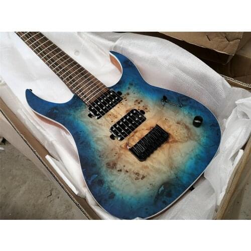 Free shipping custom 7 string guitar,blue guitar,mahogany wood, neck bolt on body ,burl maple veneer,black button