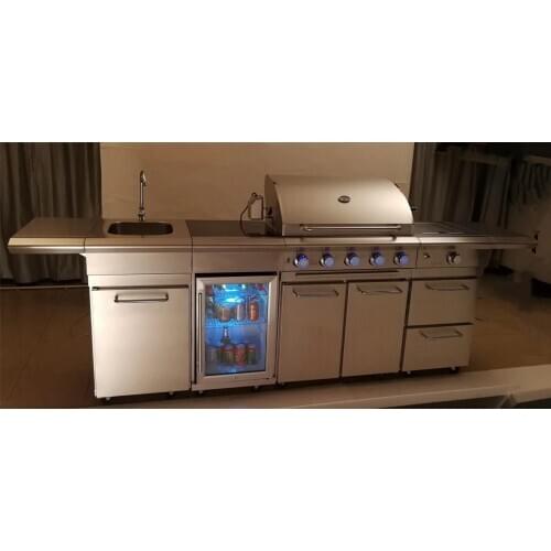 FREE SHIPPING supper luxury outdoor gas BBQ grill stainless steel 304 (dont rust) BBQ grill with refrigerator,SKEWER,MOTOR