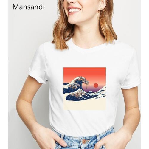 Wave Japanese print tshirt women art aesthetic clothes vintage t shirt femme harajuku shirt summer fashion female t-shirt tops