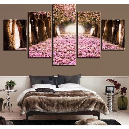 Canvas Pictures Home Decor HD Prints 5 Pieces Cherry Blossoms Paintings Pink Flower Petal Tree Poster Living Room Wall Art