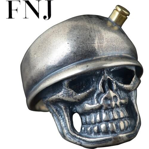 FNJ 925 Silver Punk Skull Ring Original Pure S925 Sterling Silver Rings for Men Jewelry Open Adjustable Size Vintage Matte