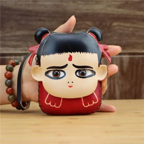Leather handmade creative Nezha mini coin purse cartoon character card bag key bag clutch bag children hand bag