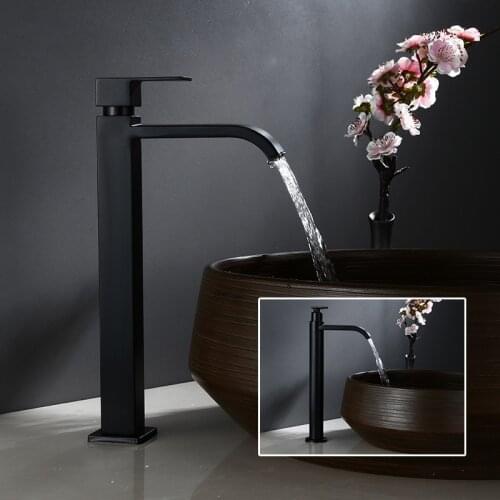 Matt Black Bathroom Basin Faucet Stainless Steel Waterfall Tall Sink Vessel Tap Single Handle Deck Mount Cold Lavotory Faucets