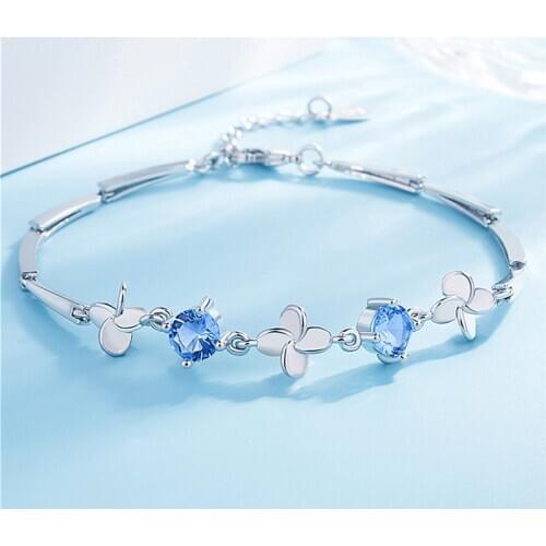 Fashion Lady Silver 925 Bracelet Girl Bright Accessories Female Charm Crystal Clover Blue Bracelets For Women Jewelry Bangles