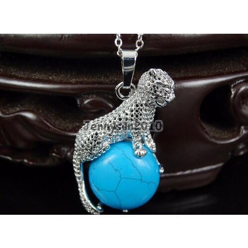 Natural Stabilized Blue Tur-quoise Round Gems Stone Leopard Reiki Chakra Pendant Charm Beads Healing Jewelry Design 10Pcs/Pack