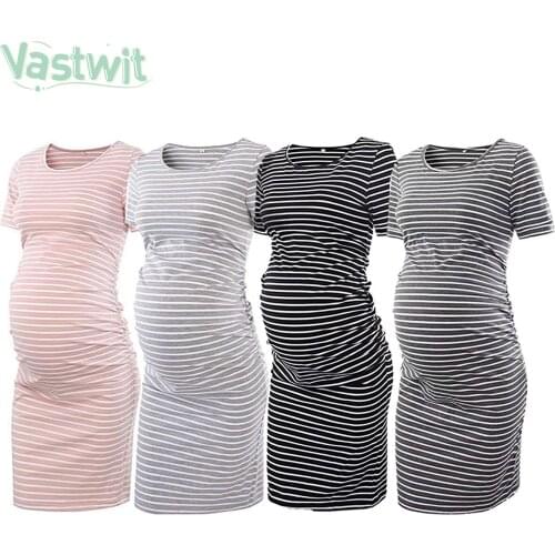 Maternity Side Ruched Clothes Bodycon Dress Women Pregnant Casual Stripe Short Sleeve Wrap Dresses Pregnancy Clothing Plus Size