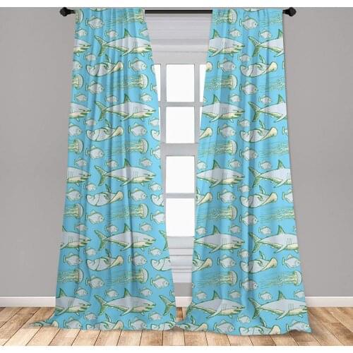Shark Window Curtains Sea Creatures in Vintage Style Swimming Flatfish Stingray and Jellyfish Window Drapes with Rod Pocket