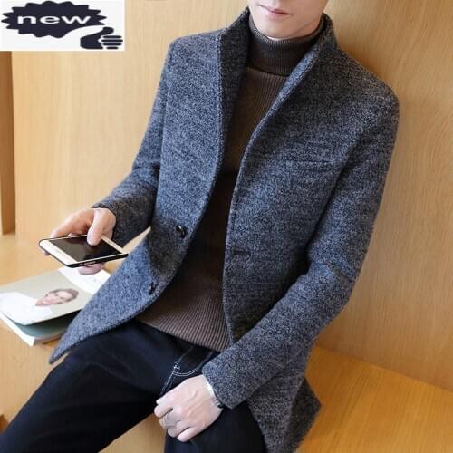 Autumn Winter Men Woolen Thickening Trench Stand Collar Single-Breasted Wool-Blend Jackets Korean Style Fashion Business Coat