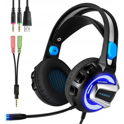 Wired Gaming Headset Stereo Bass PC Gamer Headphones with Mic LED Lights for PS4 PC Laptop Tablet Phone