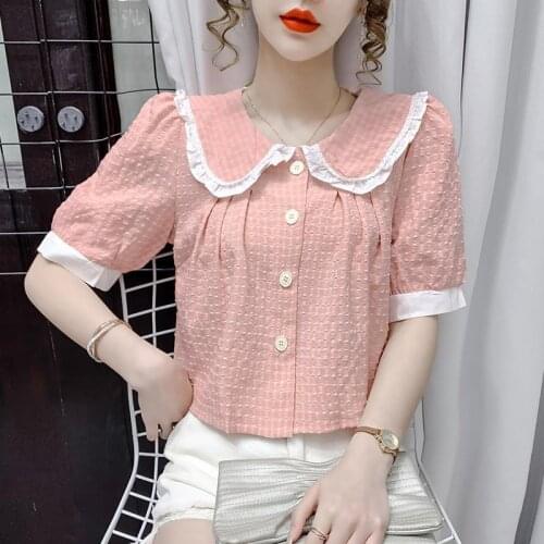 Chiffon shirt womens summer dress 2021 new Korean style design sense niche doll collar loose and thin short top