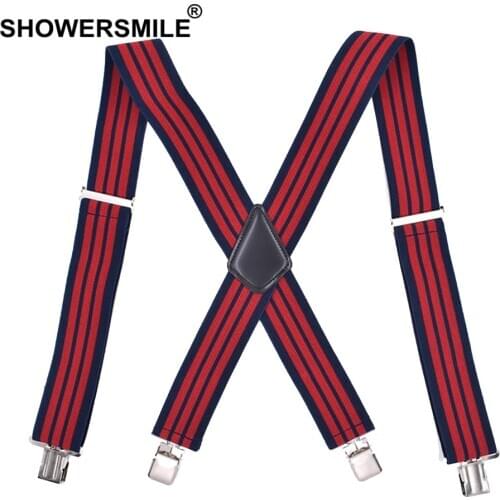 SHOWERSMILE Red Stripe Suspenders Wide 5cm Braces Suspender For Men 4 Clips X Back Elastic Business Male Shirt Suspenders 120cm