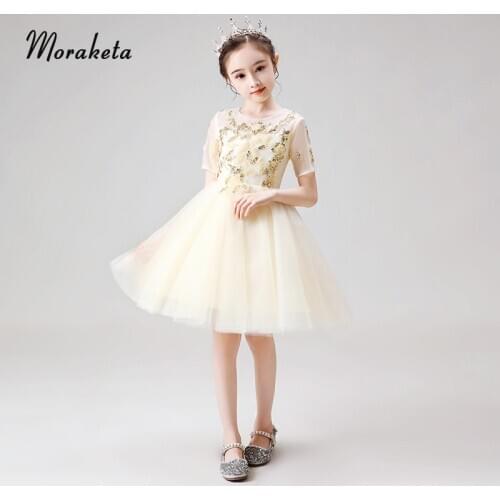 Yellow Flower Girl Dresses With Sleeve 2020 Elegant O-neck Knee-length Luxury Appliques Kids Ball Gowns For Evening Party