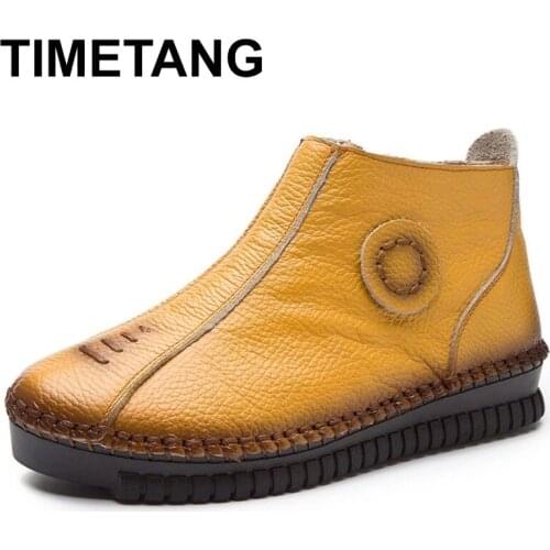 TIMETANGPlus Size 35-43 Vintage Genuine Leather Women Boots Winter Warm Snow Boots Women Flat Ankle Boots Zip Casual Shoes Woman